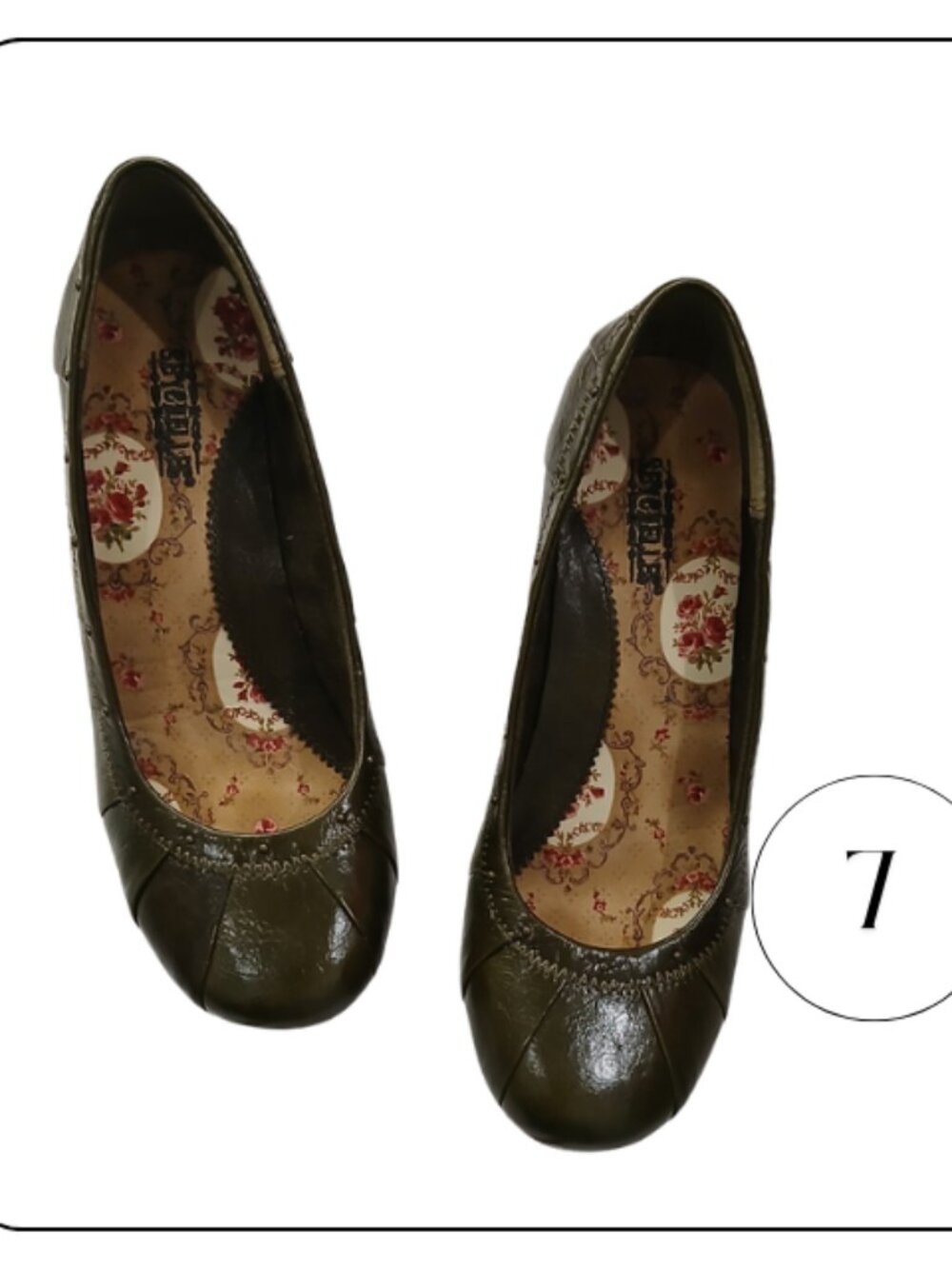 Seychelles Olive Green Leather Wedge Pumps‎ with Floral Insole
